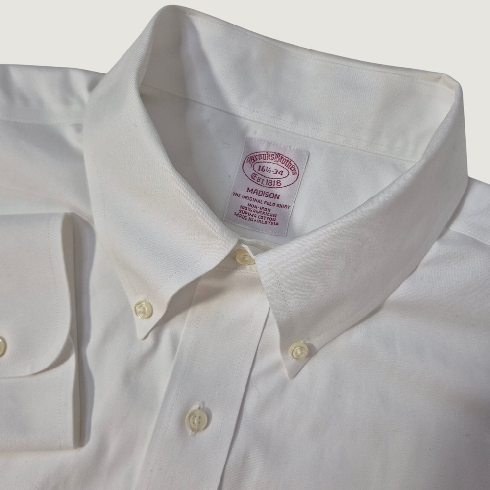 Brooks Brothers Dress Shirt Mens 16.5 34 Madison White Supima Cotton Oxford